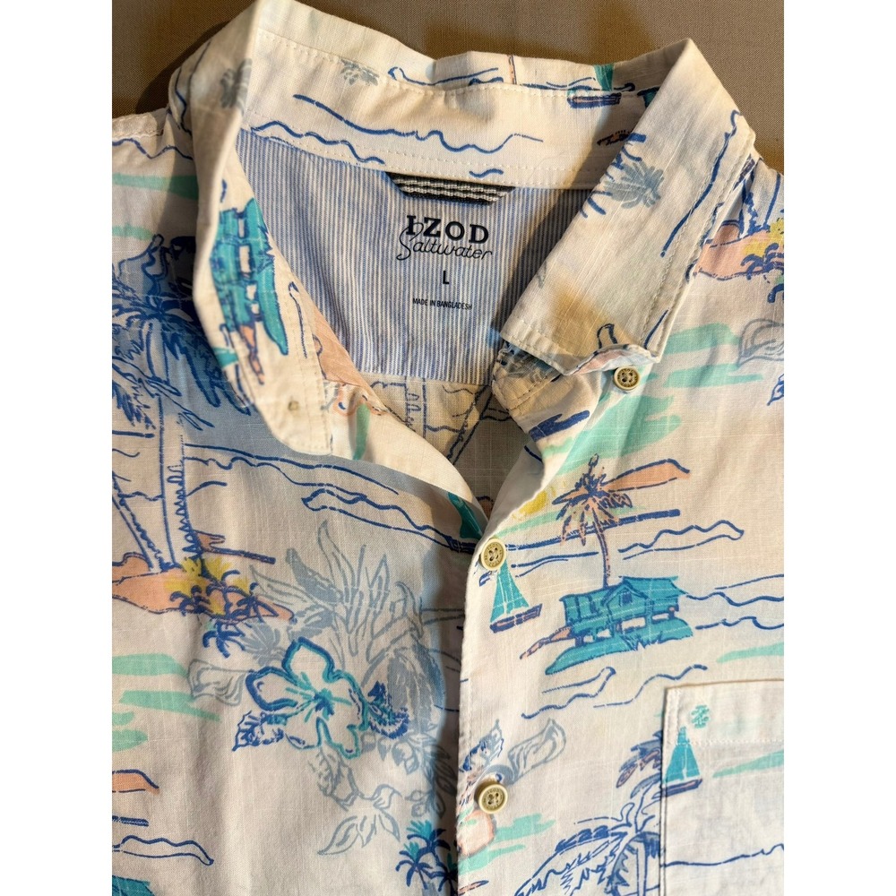 IZOD Saltwater Mens Large White Tropical Beach Palm Tree Short Sleeve Shirt